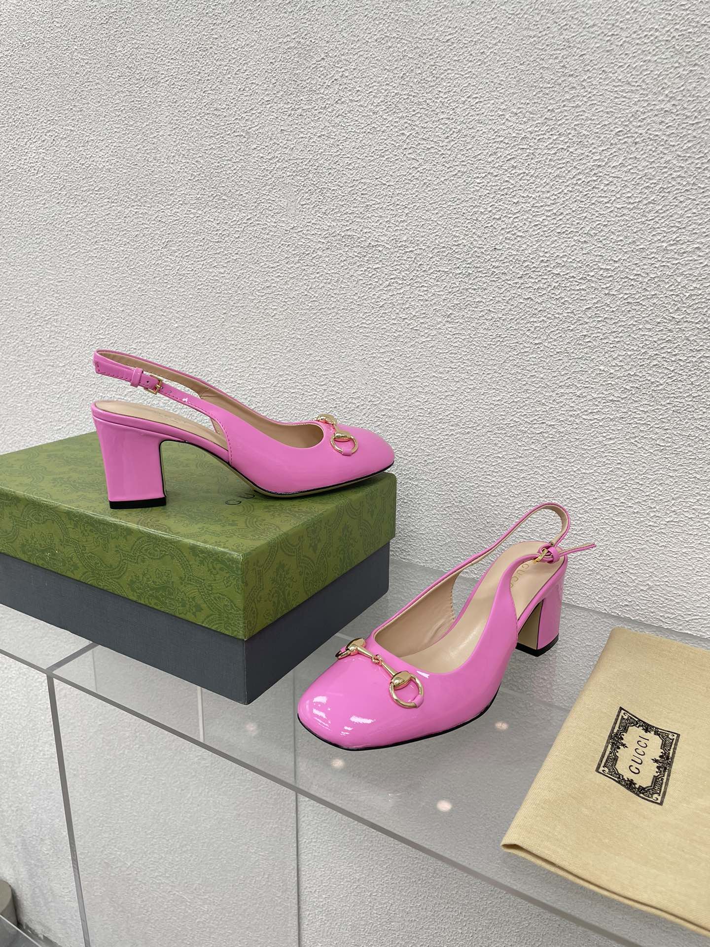 GG WOMEN'S HORSEBIT SLINGBACK 65MM IN FUSICA PINK CALFSKIN