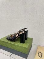 GG WOMEN'S HORSEBIT SLINGBACK 95MM IN BLACK CALFSKIN