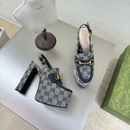 GG WOMEN'S HORSEBIT PLATFORM LOAFER SLINGBACK IN BEIGE AND BLUE CANVAS