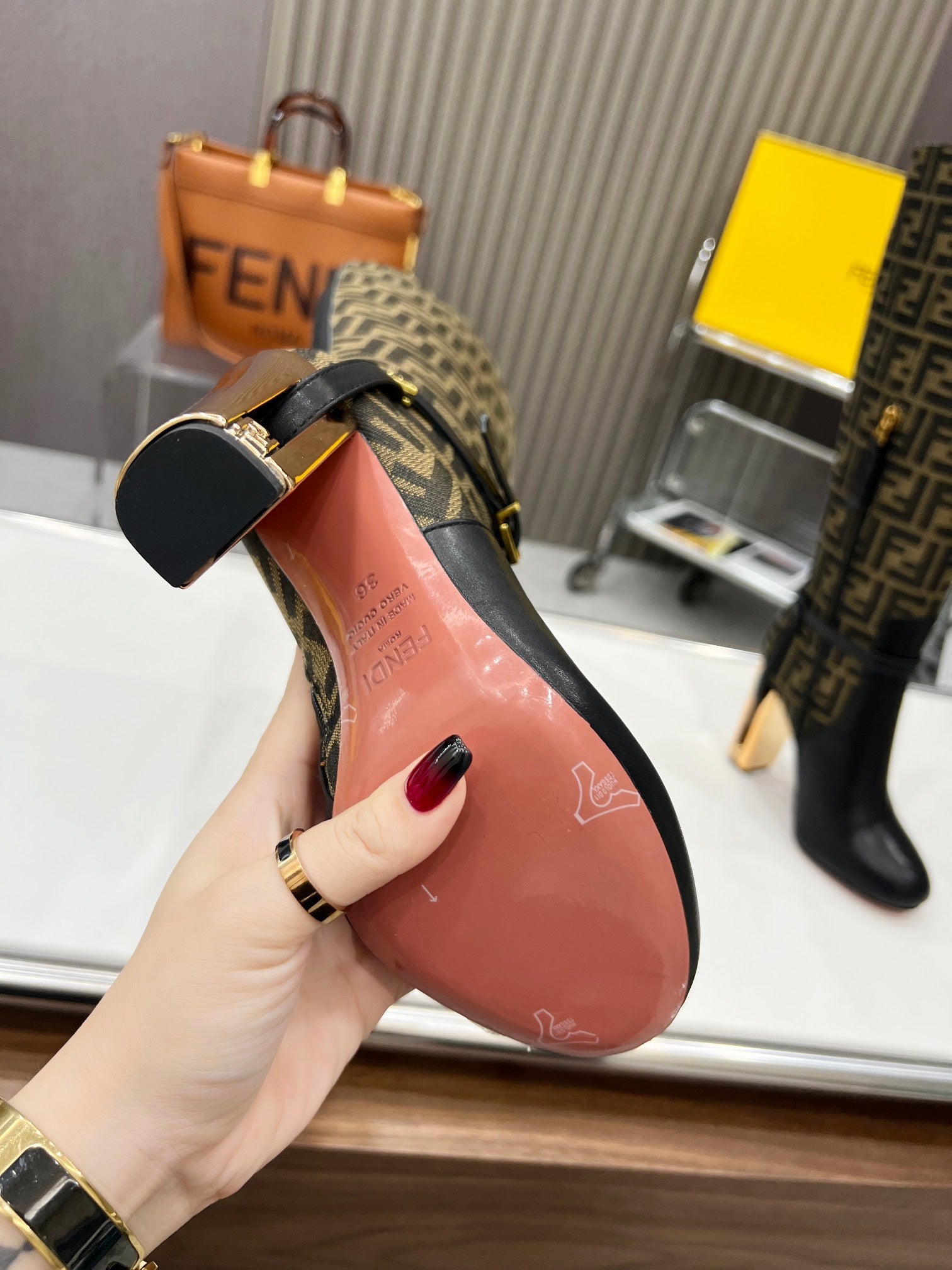 FENDI knee boots high heel monogram black cowhide 521216