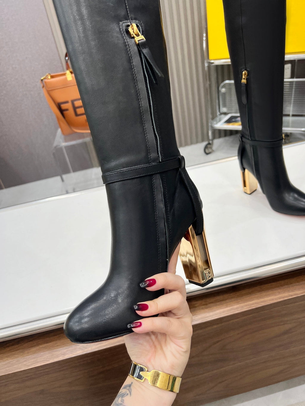 FENDI knee boots high heel black cowhide 521212