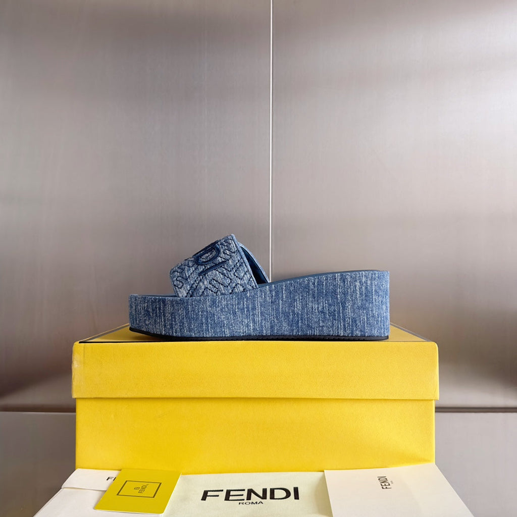 FENDI PLATFORM WEDGES IN STEEL BLUE JACQUARD FABRIC WITH EMBROIDERED LOGO