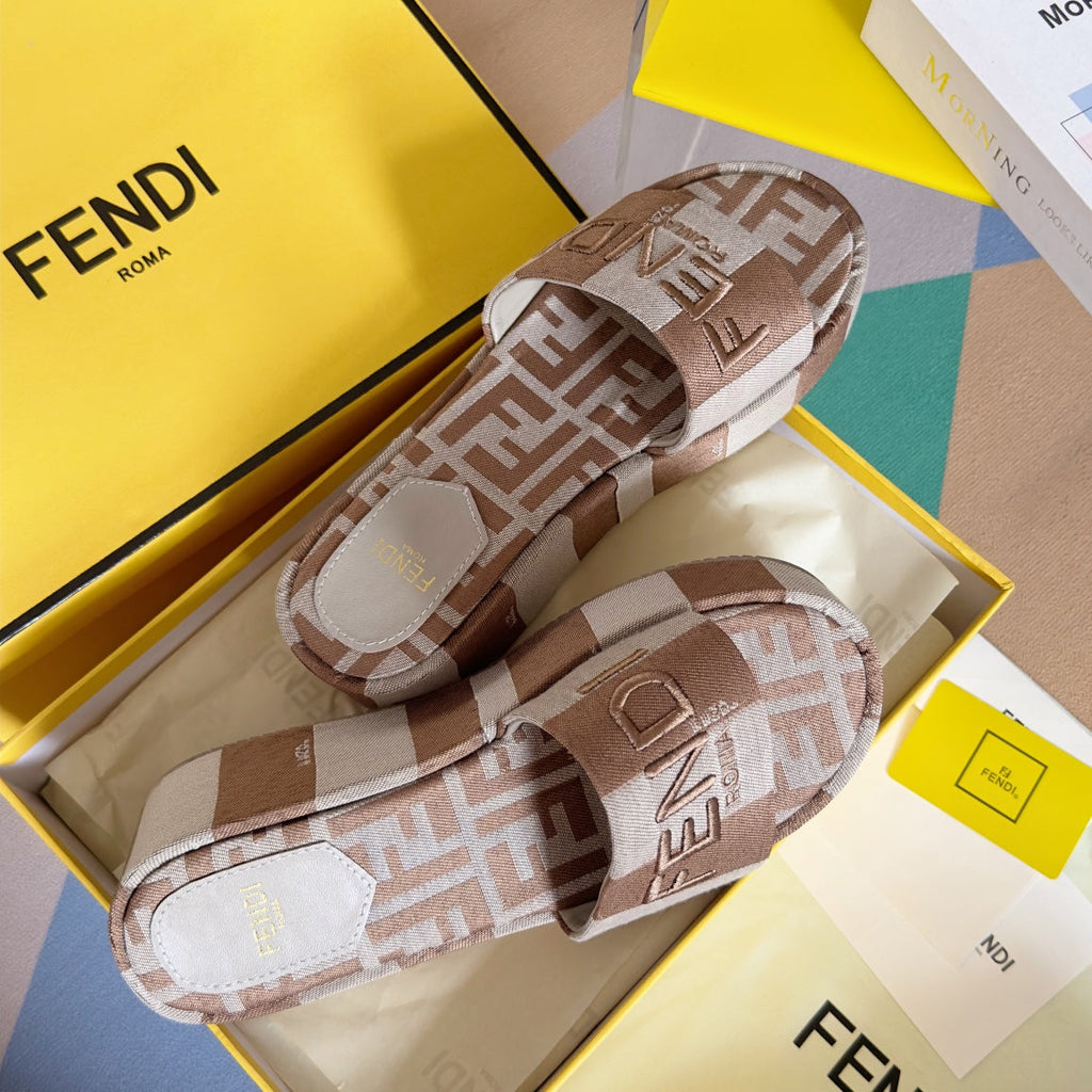 FF Sunshine 65 Light Brown Grey Canvas Flatform Slide