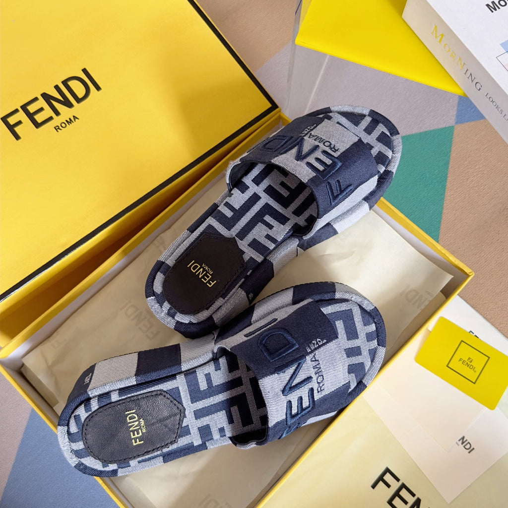 FF Sunshine 65 Blue Dark Grey Canvas Flatform Slide