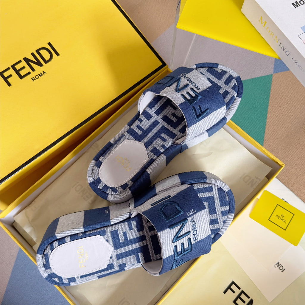 FF Sunshine 65 Blue Grey Canvas Flatform Slide