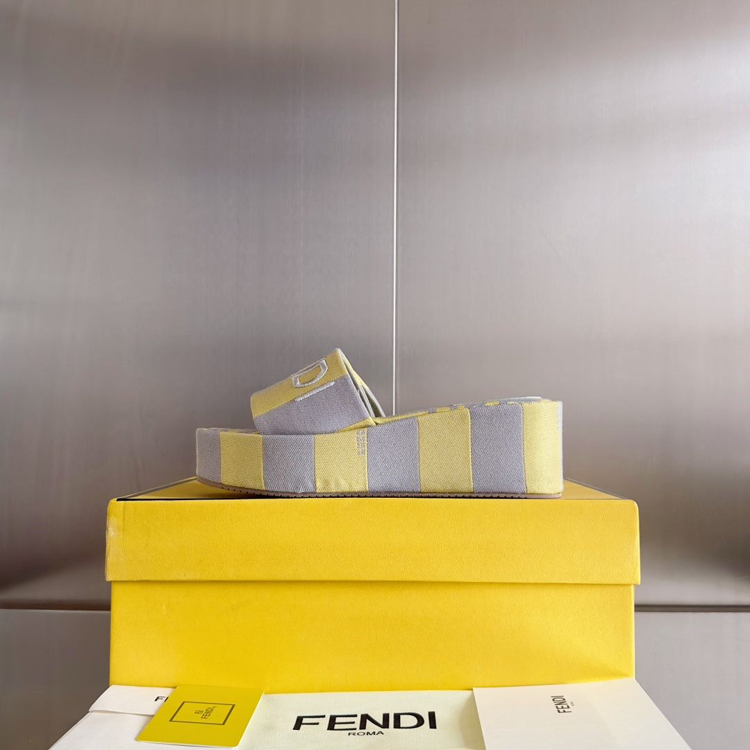 FENDI PLATFORM WEDGES IN LIGHT YELLOW MIX GREY FF MONOGRAM FABRIC