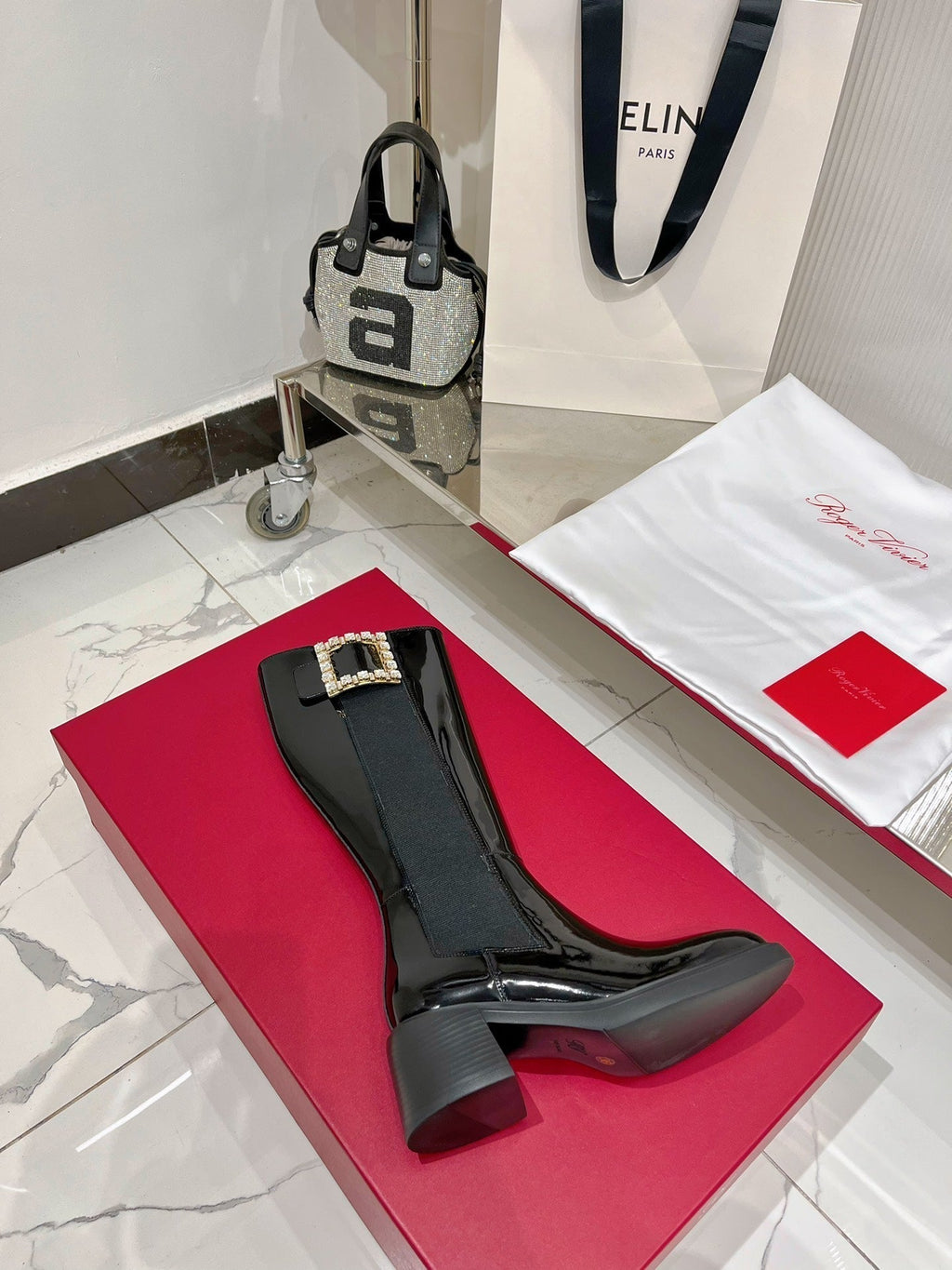 Viv Diamond High Boots Black Cowhide Patent Leather 365205