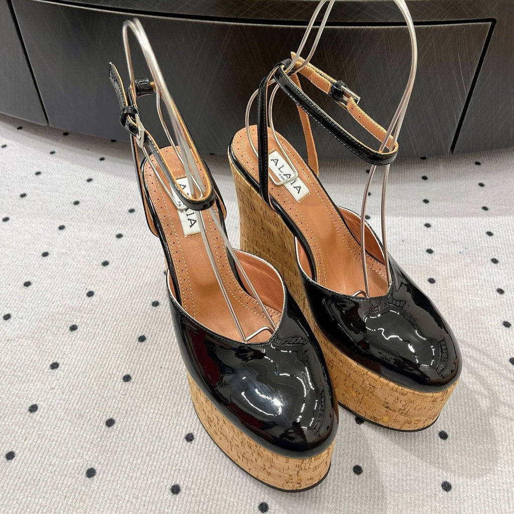 Alaila Wedge Sandals 115mm In Black Glossy Lambskin 954887