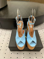 Alaila Wedge Sandals 135mm In Light Blue Glossy Lambskin 954899