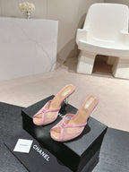 mule sandal 75 pink fabric dark beige calfskin