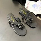 CC 25 Flower Thong Slippers Black Cowhide 233414