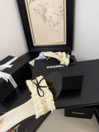 cc25 slide sandal 65mm ruffle bow heels black grosgrain white canvas 233582