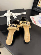 cc25 slide sandal 65mm ruffle bow heels black grosgrain gold canvas 233583