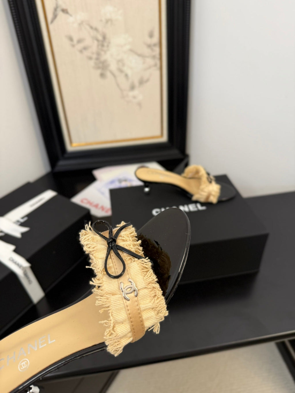cc25 slide sandal 65mm ruffle bow heels black grosgrain gold canvas 233583