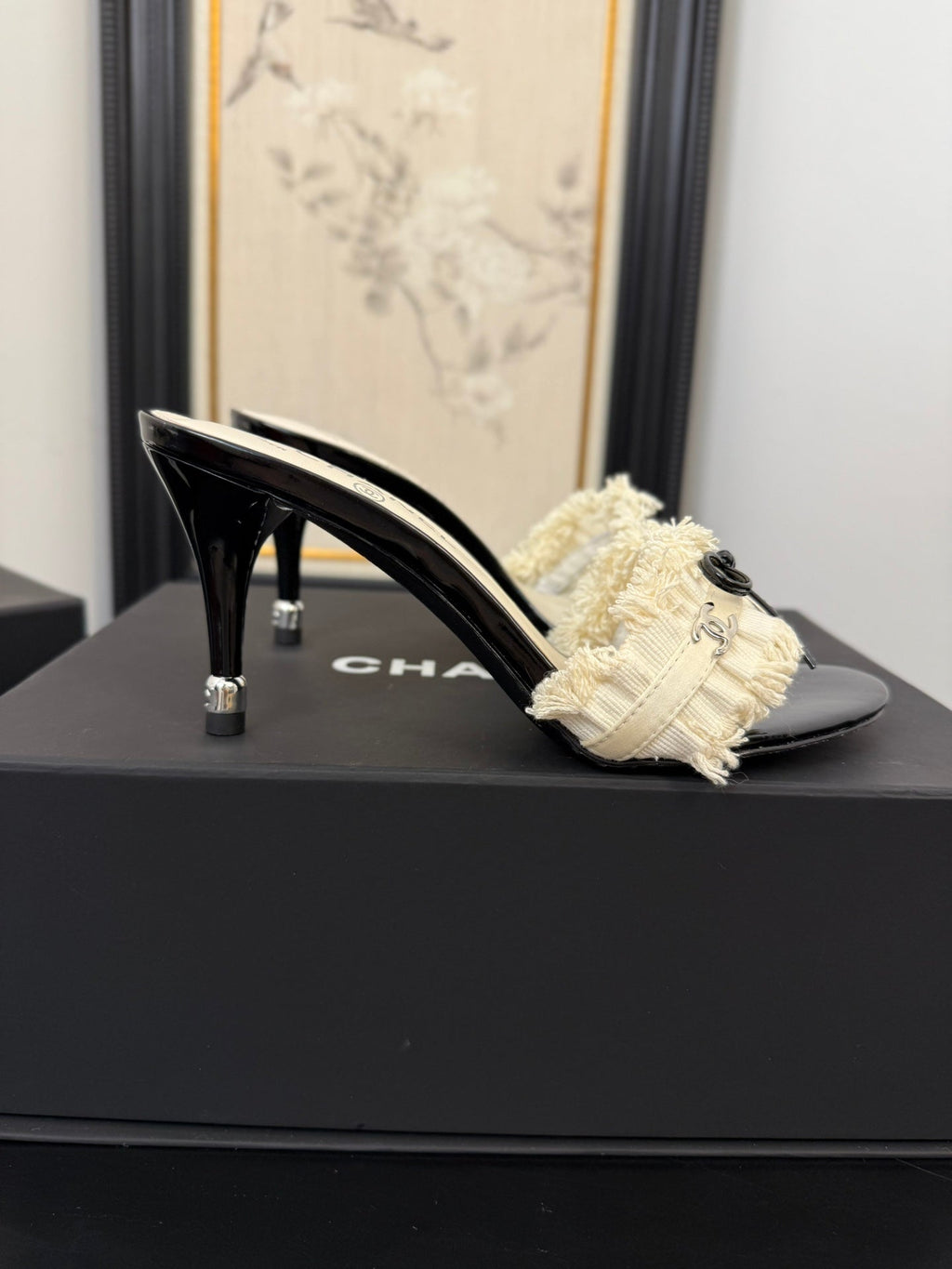 cc25 slide sandal 90mm ruffle bow heels black grosgrain white canvas 233585