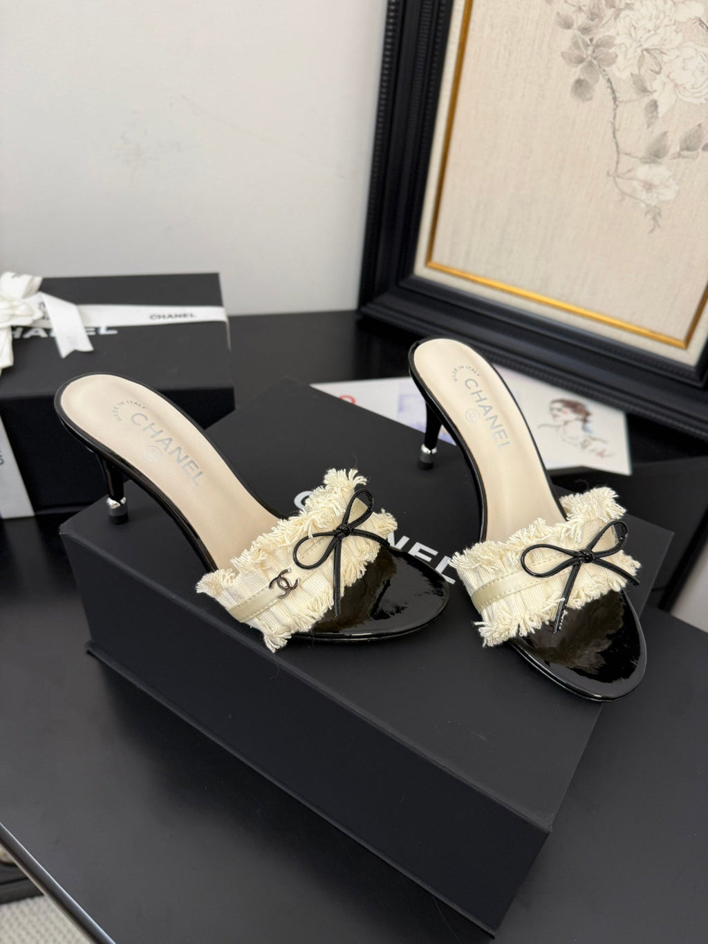 cc25 slide sandal 90mm ruffle bow heels black grosgrain white canvas 233585