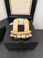 cc25 slide sandal 90mm ruffle bow heels black grosgrain gold canvas 233586