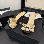 cc25 slide sandal 90mm ruffle bow heels black grosgrain gold canvas 233586