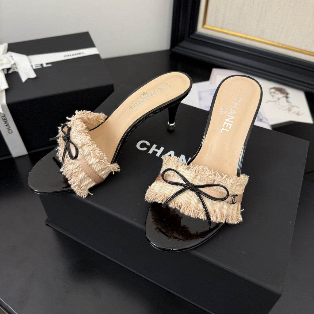 cc25 slide sandal 90mm ruffle bow heels black grosgrain beige canvas 233587