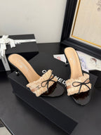 cc25 slide sandal 90mm ruffle bow heels black grosgrain beige canvas 233587