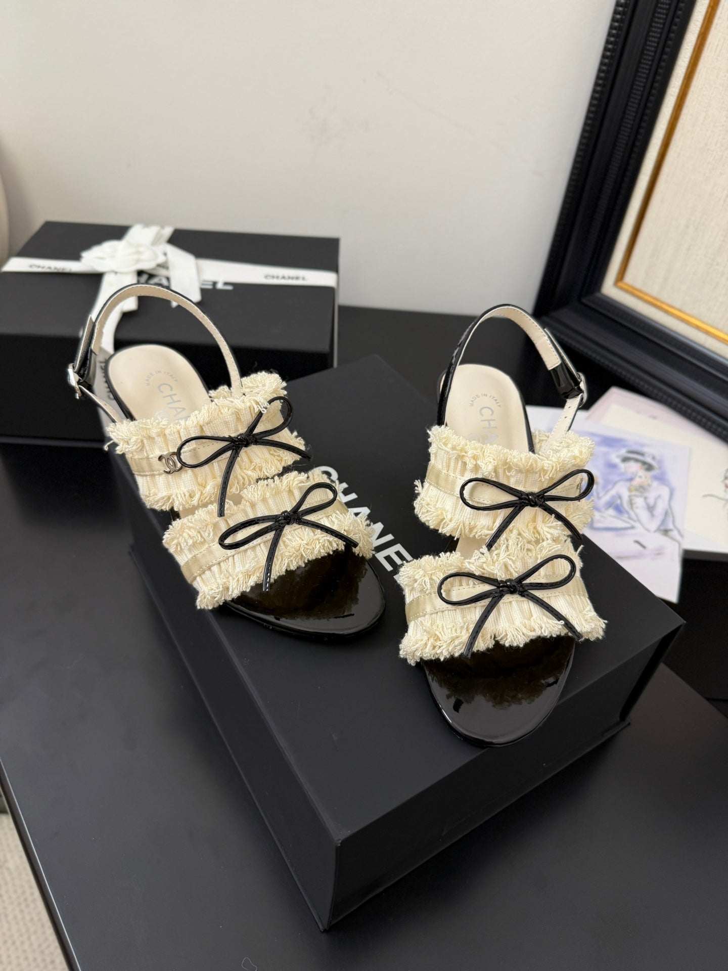 cc25 slingback sandal ?65mm bow black grosgrain white canvas 233589