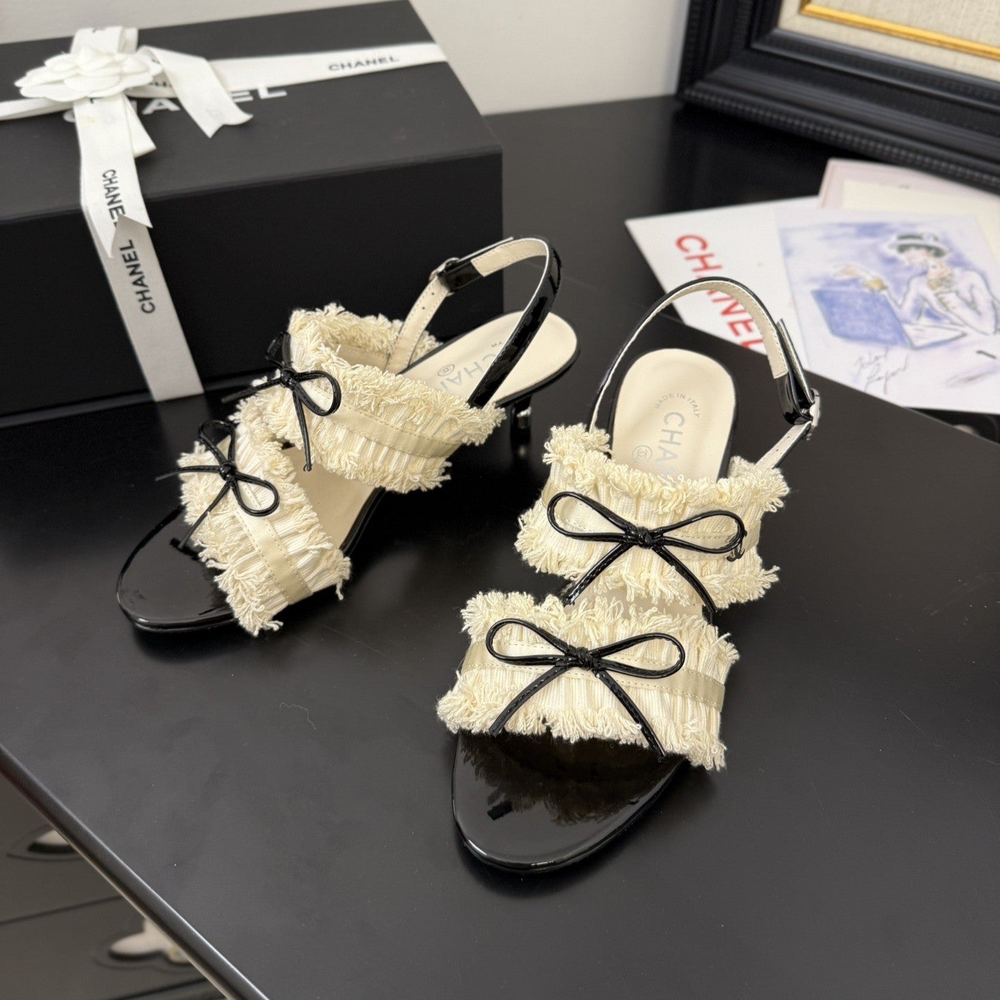 cc25 slingback sandal ?65mm bow black grosgrain white canvas 233589