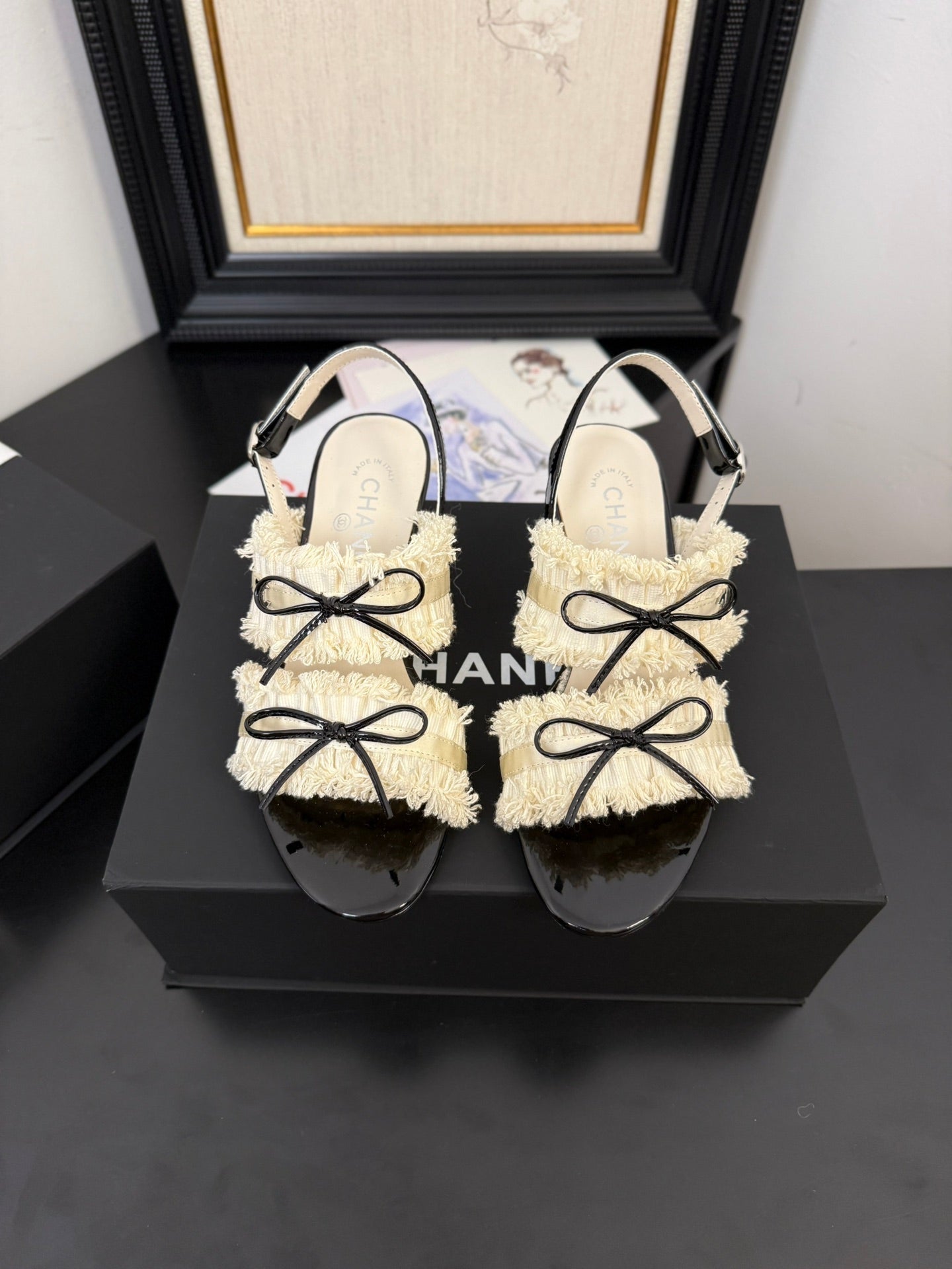cc25 slingback sandal ?65mm bow black grosgrain white canvas 233589