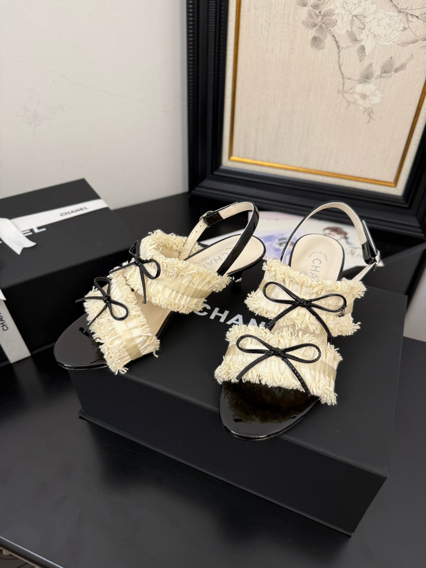 cc25 slingback sandal ?65mm bow black grosgrain white canvas 233589