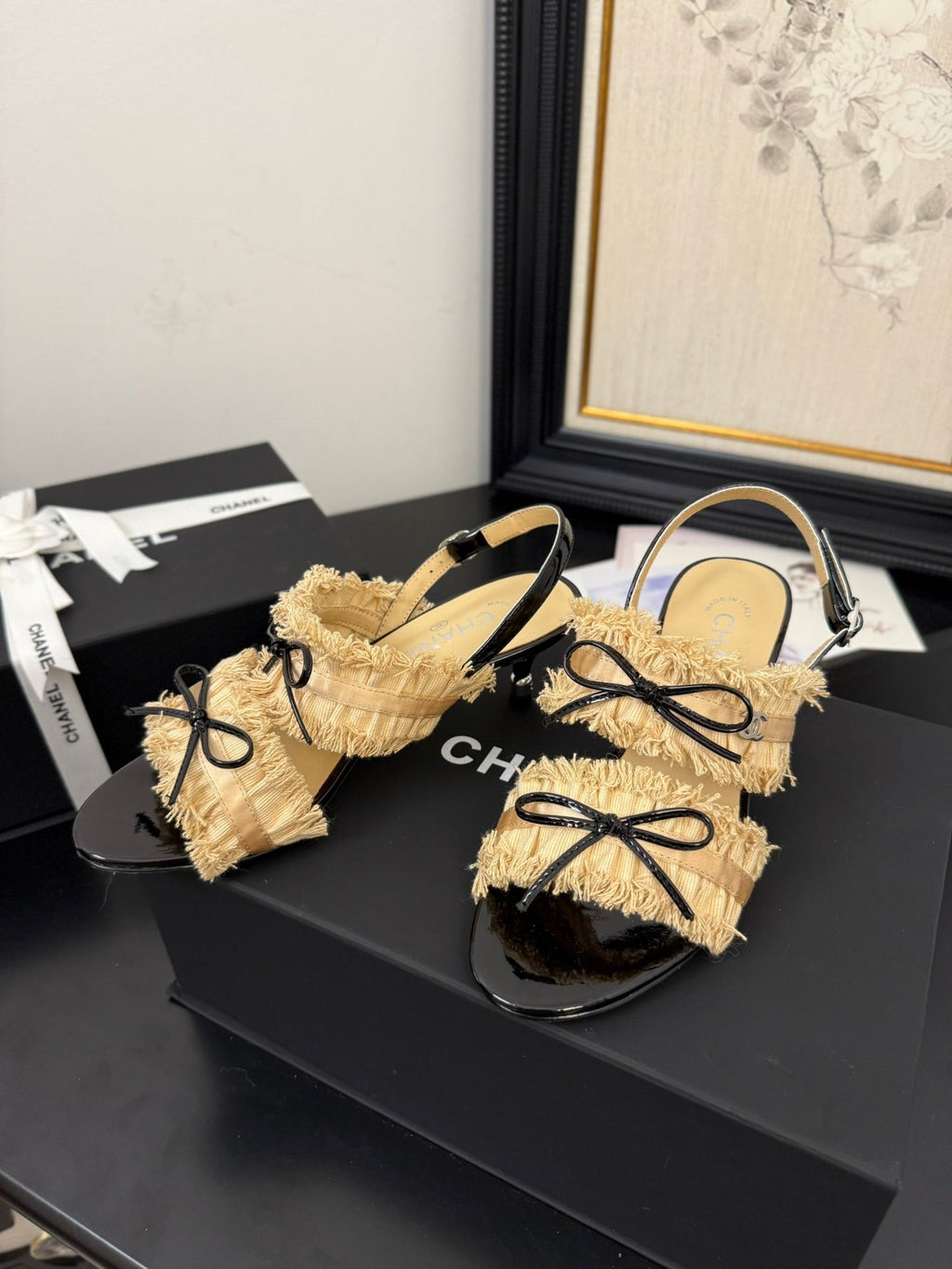 cc25 slingback sandal ?65mm bow black grosgrain gold canvas 233590