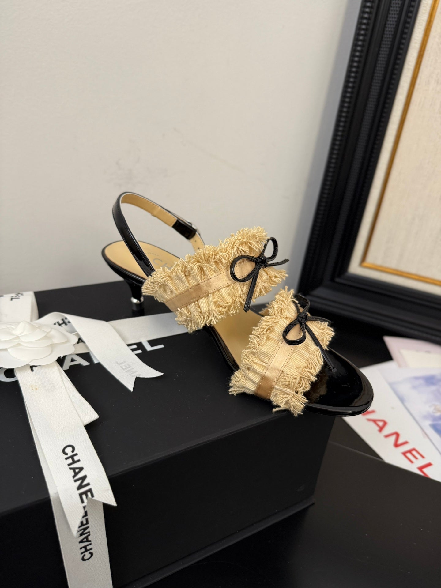 cc25 slingback sandal ?65mm bow black grosgrain gold canvas 233590