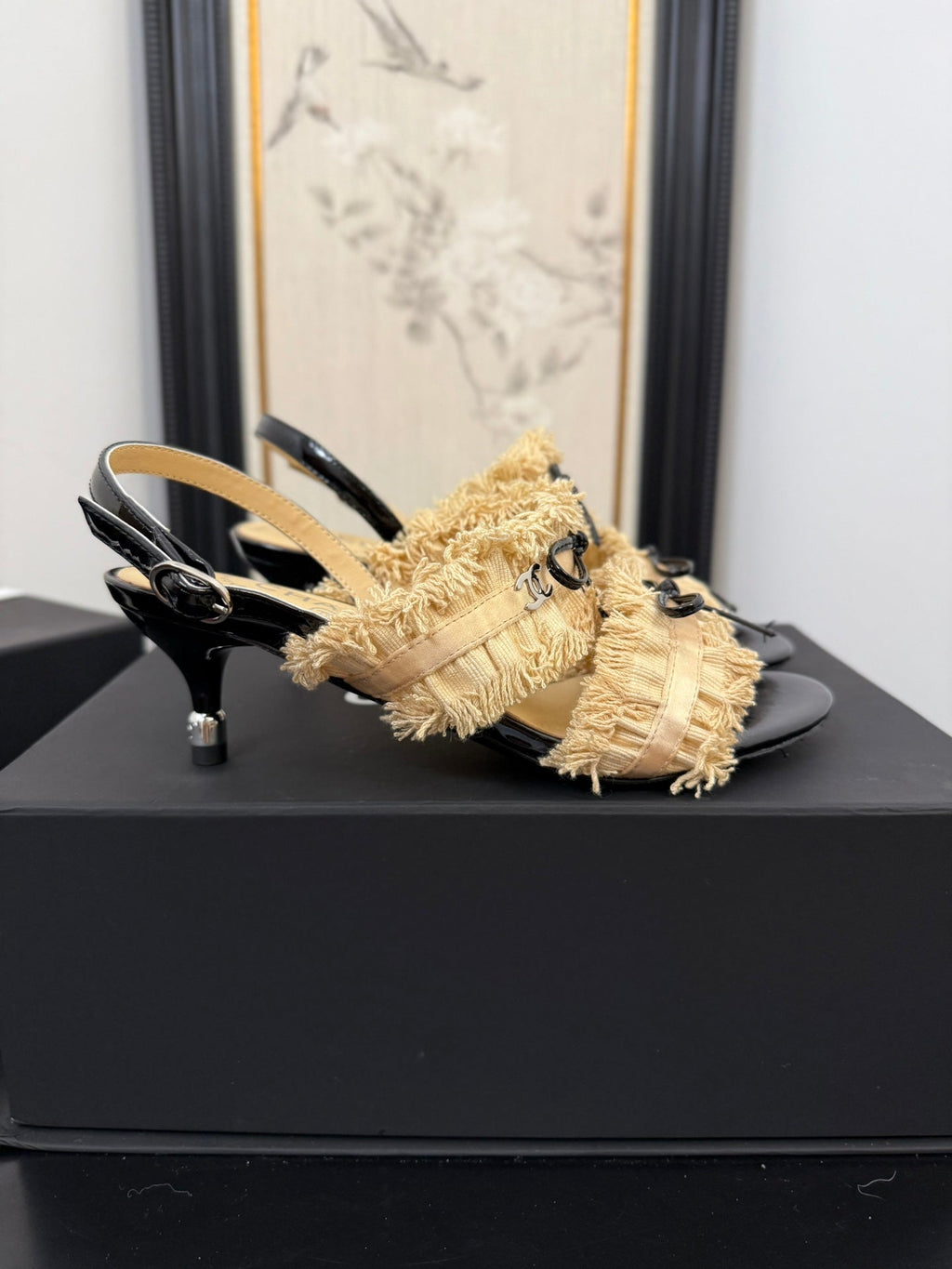 cc25 slingback sandal ?65mm bow black grosgrain gold canvas 233590