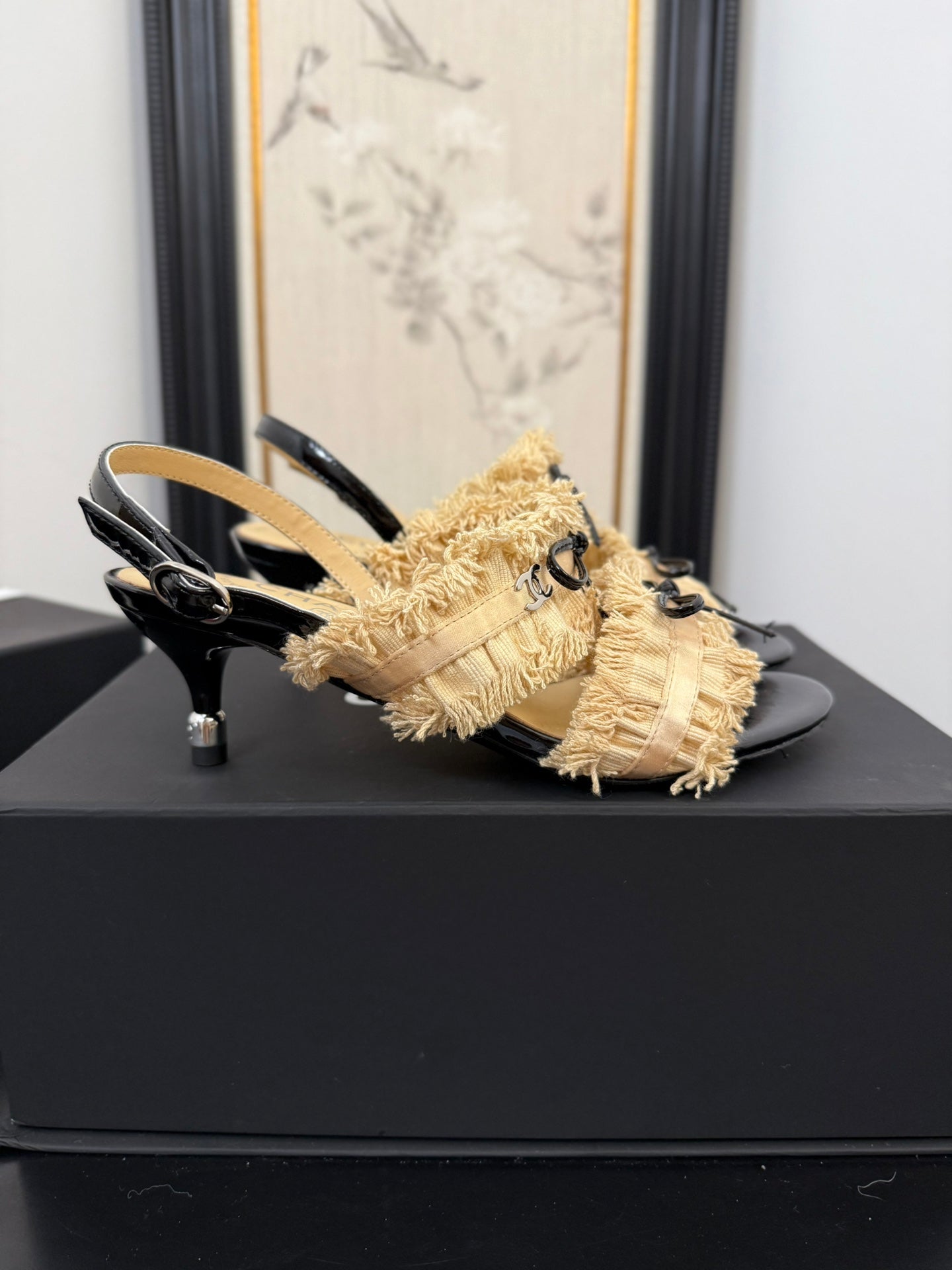 cc25 slingback sandal ?65mm bow black grosgrain gold canvas 233590