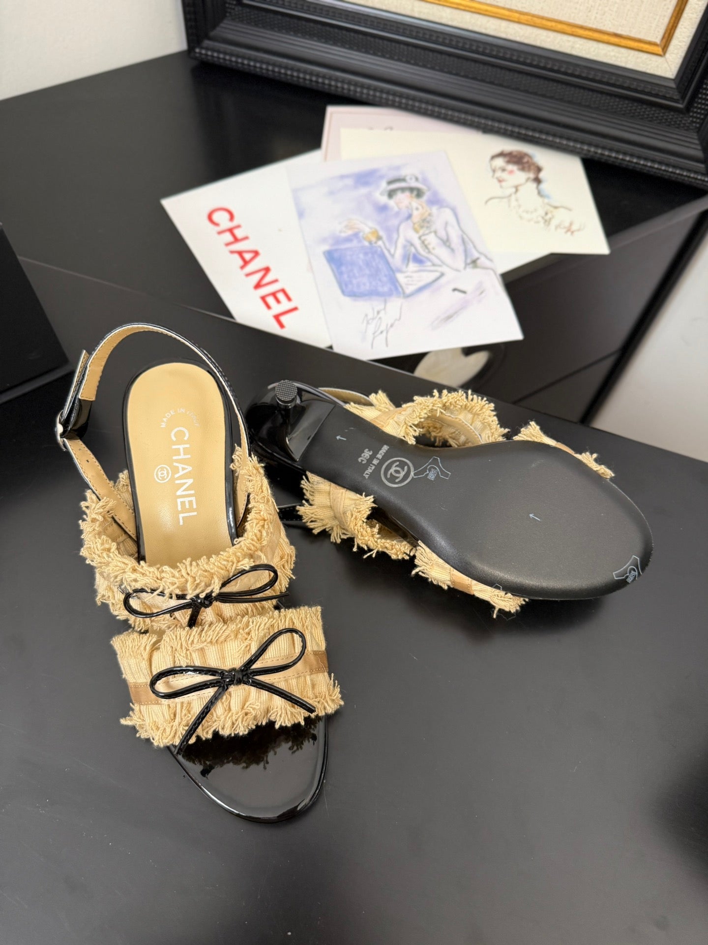 cc25 slingback sandal ?65mm bow black grosgrain gold canvas 233590