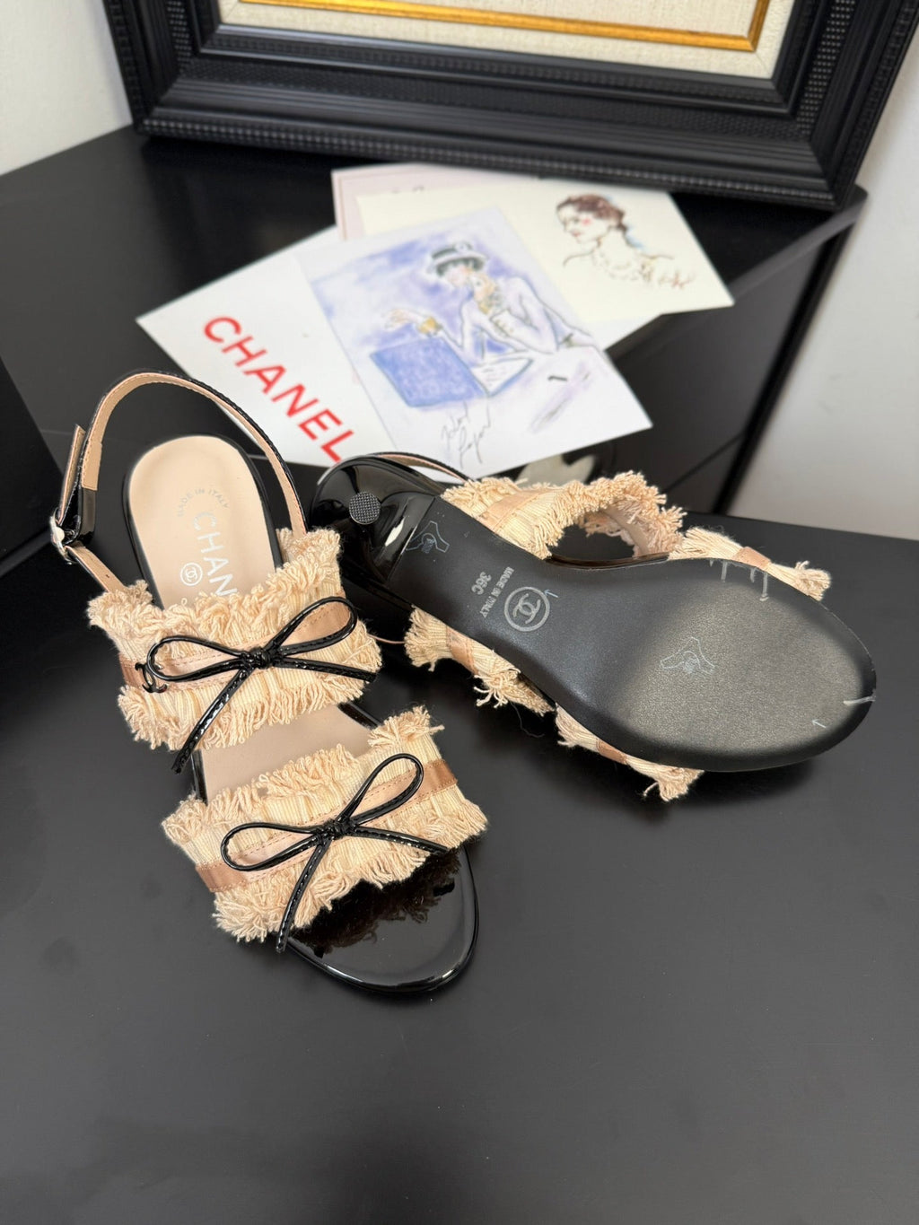 cc25 slingback sandal ?65mm bow black grosgrain beige canvas 233591