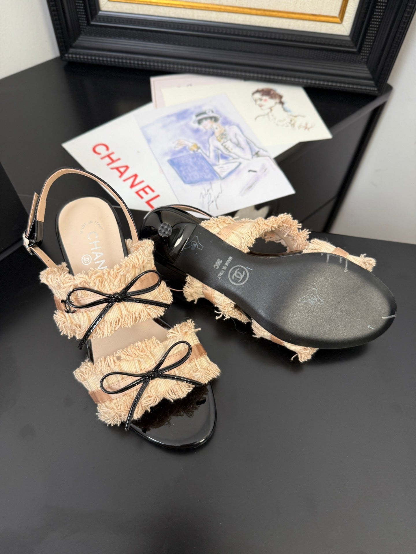 cc25 slingback sandal ?65mm bow black grosgrain beige canvas 233591