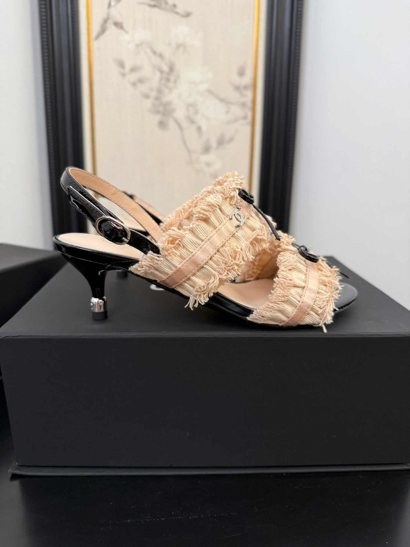 cc25 slingback sandal ?65mm bow black grosgrain beige canvas 233591