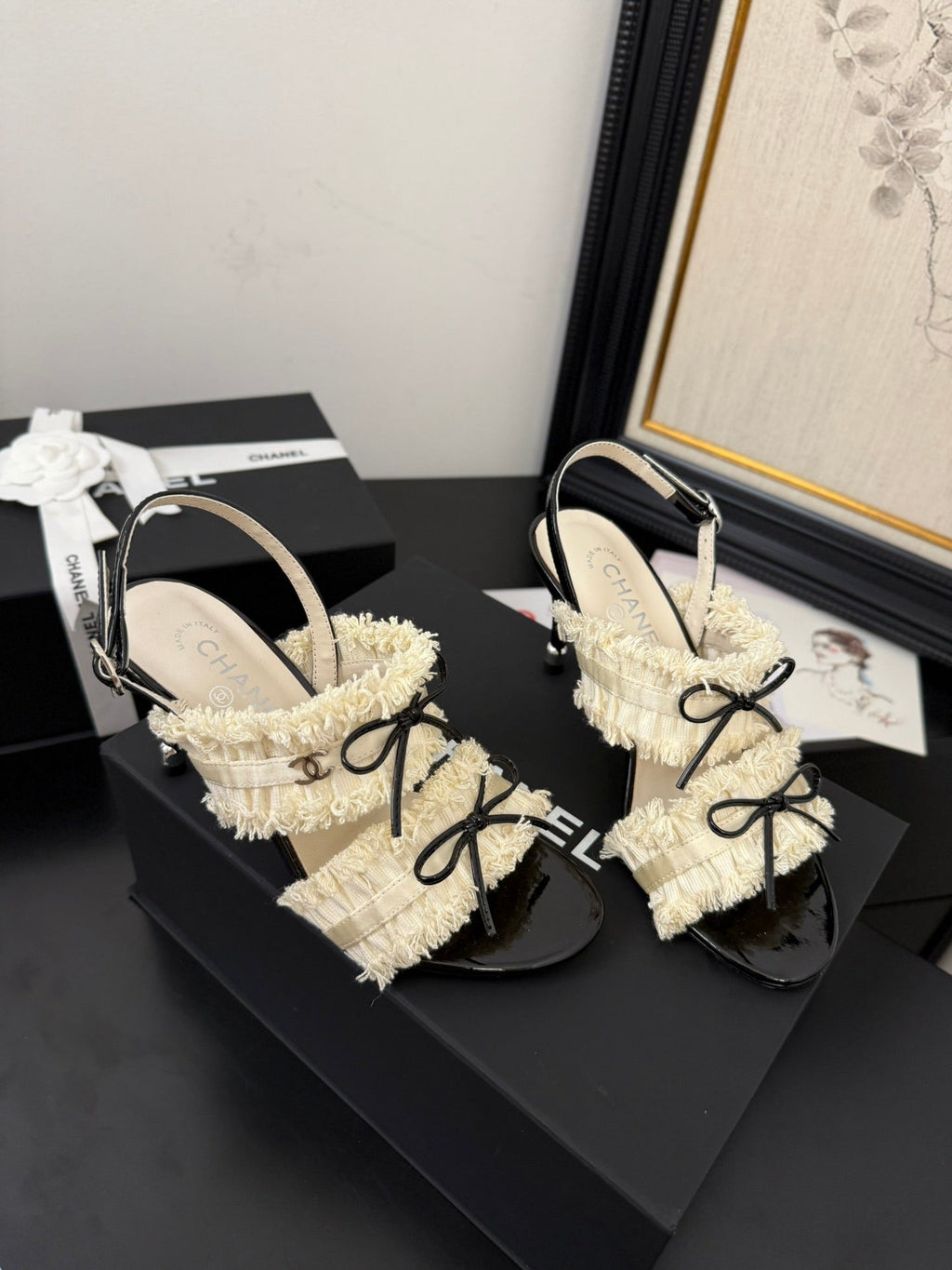cc25 slingback sandal ?90mm bow black grosgrain white canvas 233593