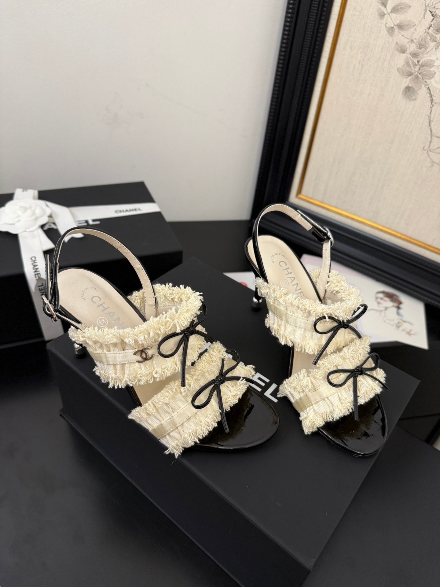 cc25 slingback sandal ?90mm bow black grosgrain white canvas 233593