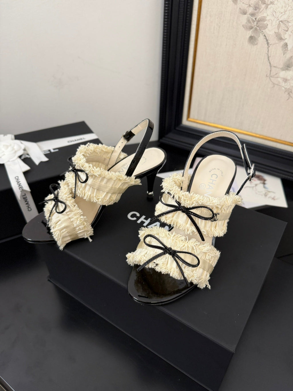 cc25 slingback sandal ?90mm bow black grosgrain white canvas 233593