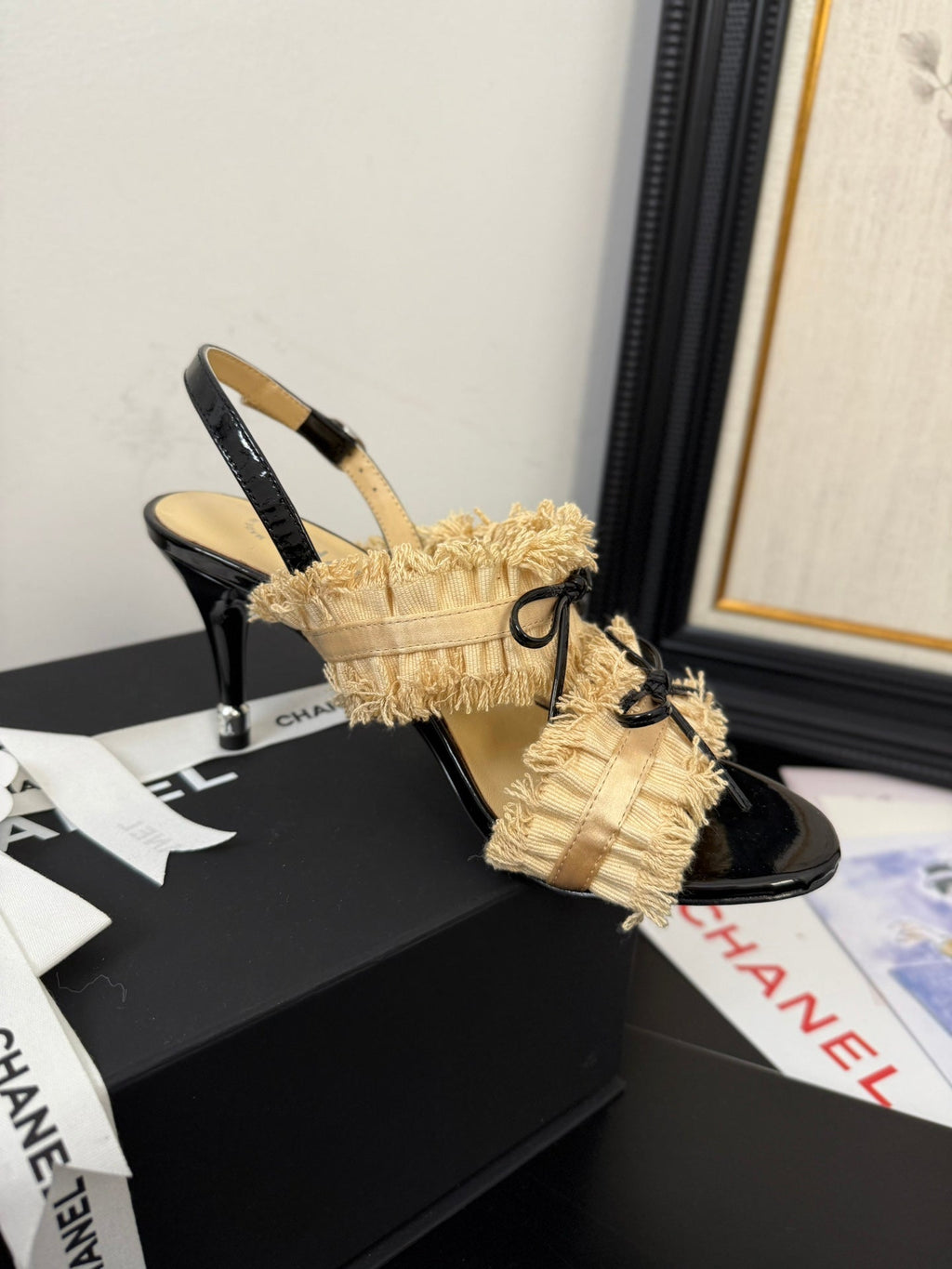 cc25 slingback sandal ?90mm bow black grosgrain gold canvas 233594