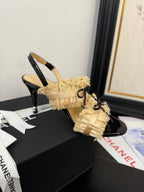 cc25 slingback sandal ?90mm bow black grosgrain gold canvas 233594