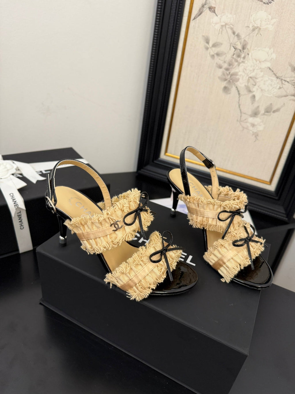 cc25 slingback sandal ?90mm bow black grosgrain gold canvas 233594