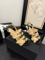 cc25 slingback sandal ?90mm bow black grosgrain gold canvas 233594