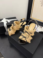 cc25 slingback sandal ?90mm bow black grosgrain gold canvas 233594