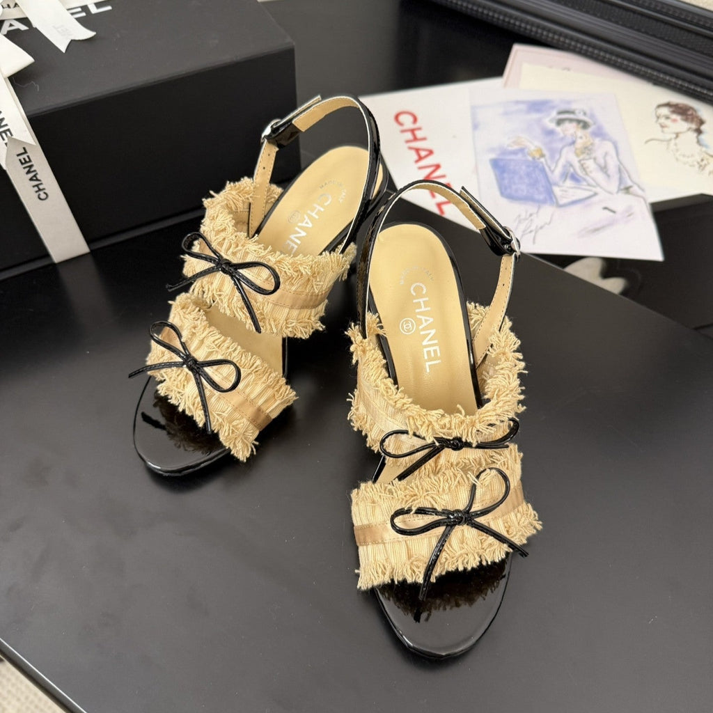 cc25 slingback sandal ?90mm bow black grosgrain gold canvas 233594