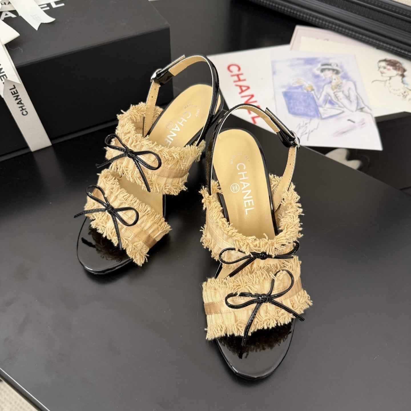 cc25 slingback sandal ?90mm bow black grosgrain gold canvas 233594