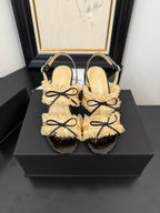 cc25 slingback sandal ?90mm bow black grosgrain gold canvas 233594