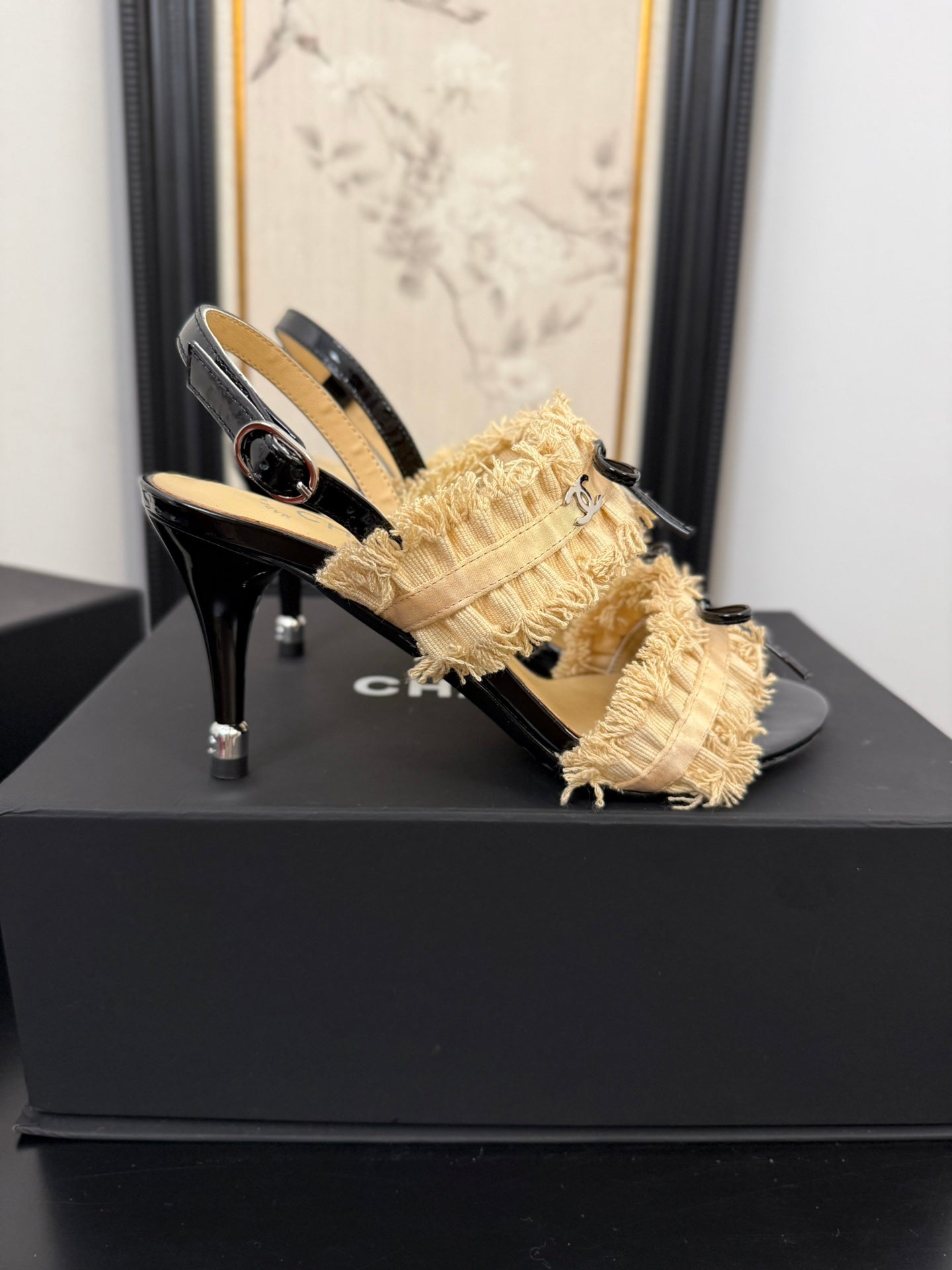 cc25 slingback sandal ?90mm bow black grosgrain gold canvas 233594