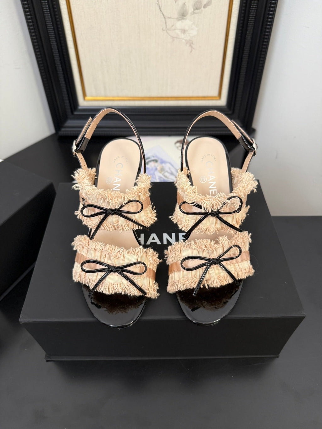 cc25 slingback sandal ?90mm bow black grosgrain beige canvas 233595