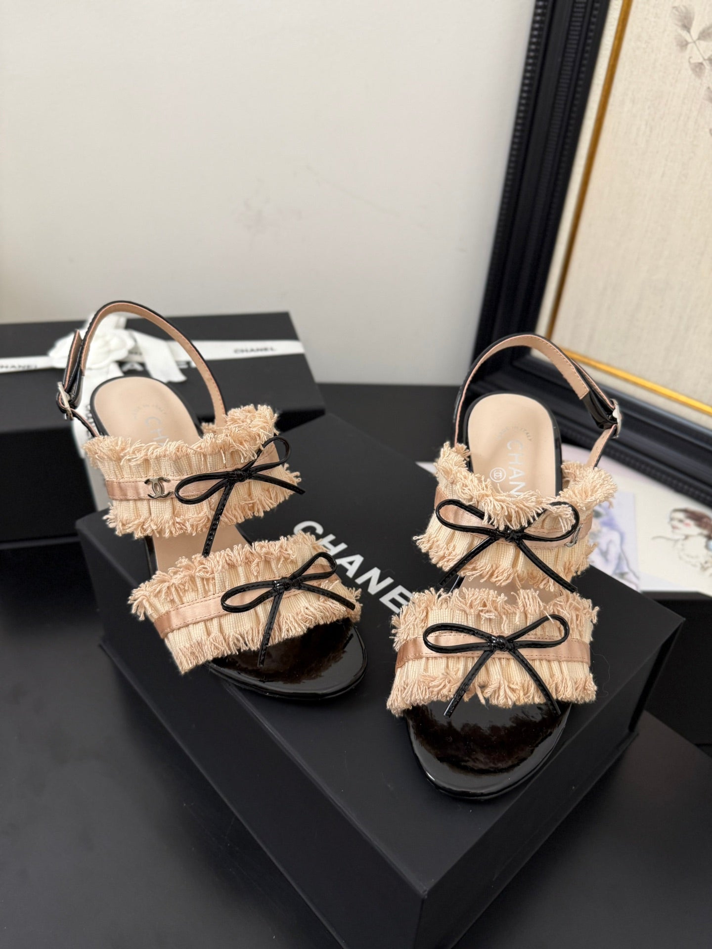 cc25 slingback sandal ?90mm bow black grosgrain beige canvas 233595